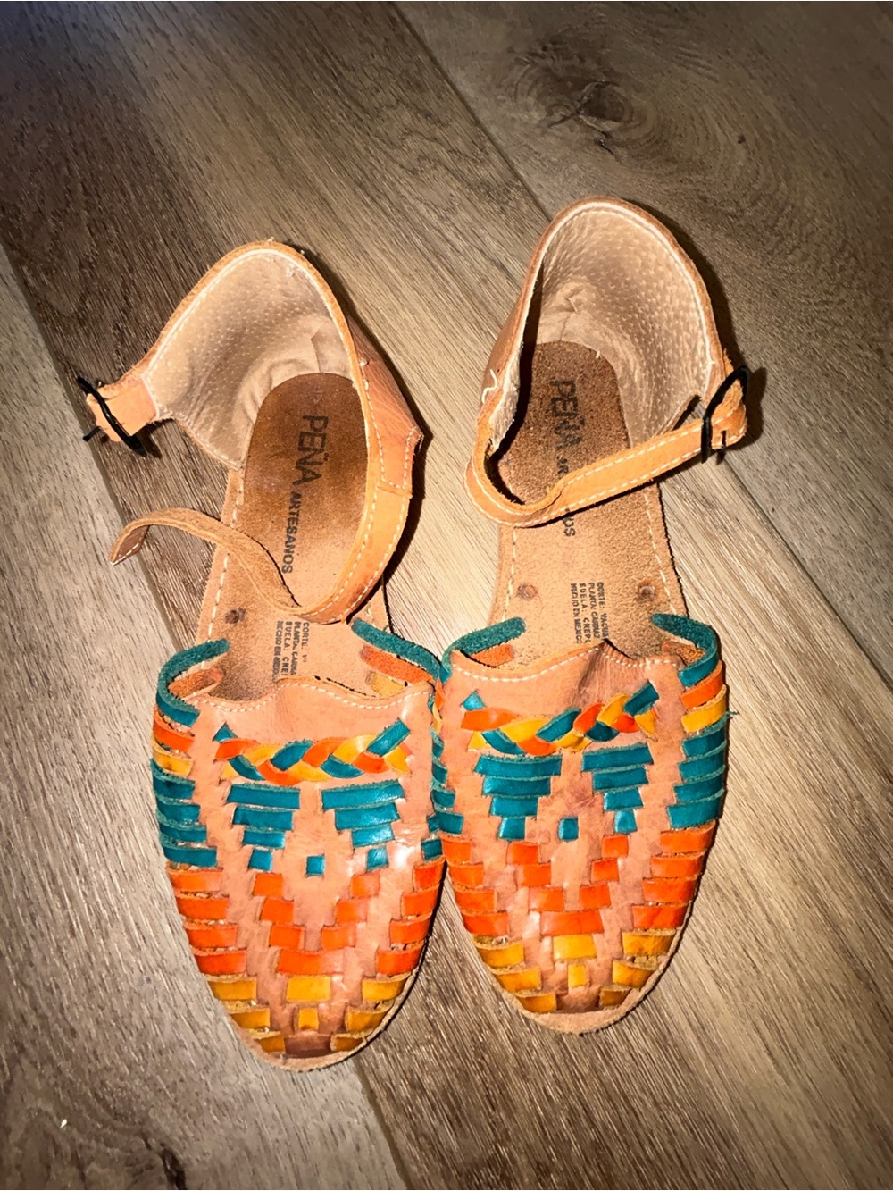 Women's Multicolor Athentic Woven Leather Huarache Sandals -Orange & Teal Size 7